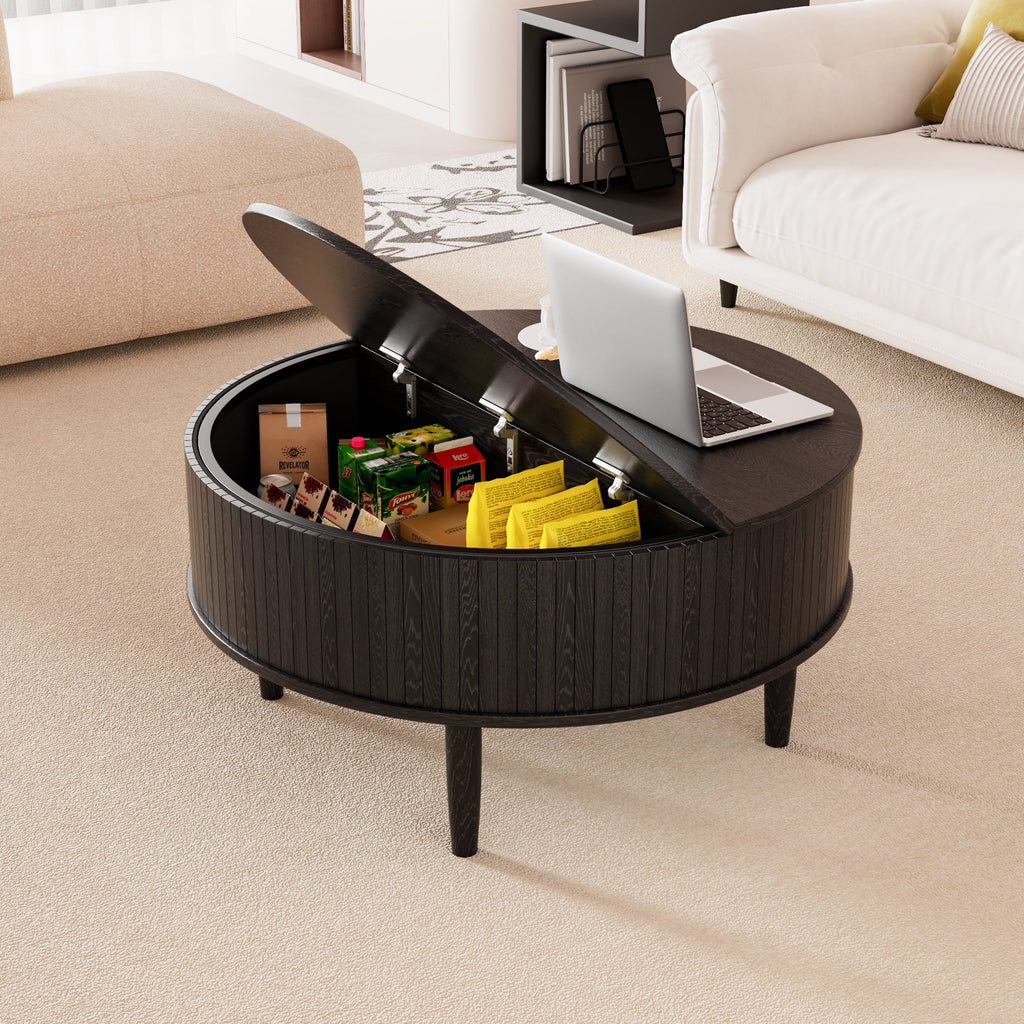 Oubayajia Round Coffee Table, Small Fluted Lift Top Center Table for Home Living Room Office, Walnut