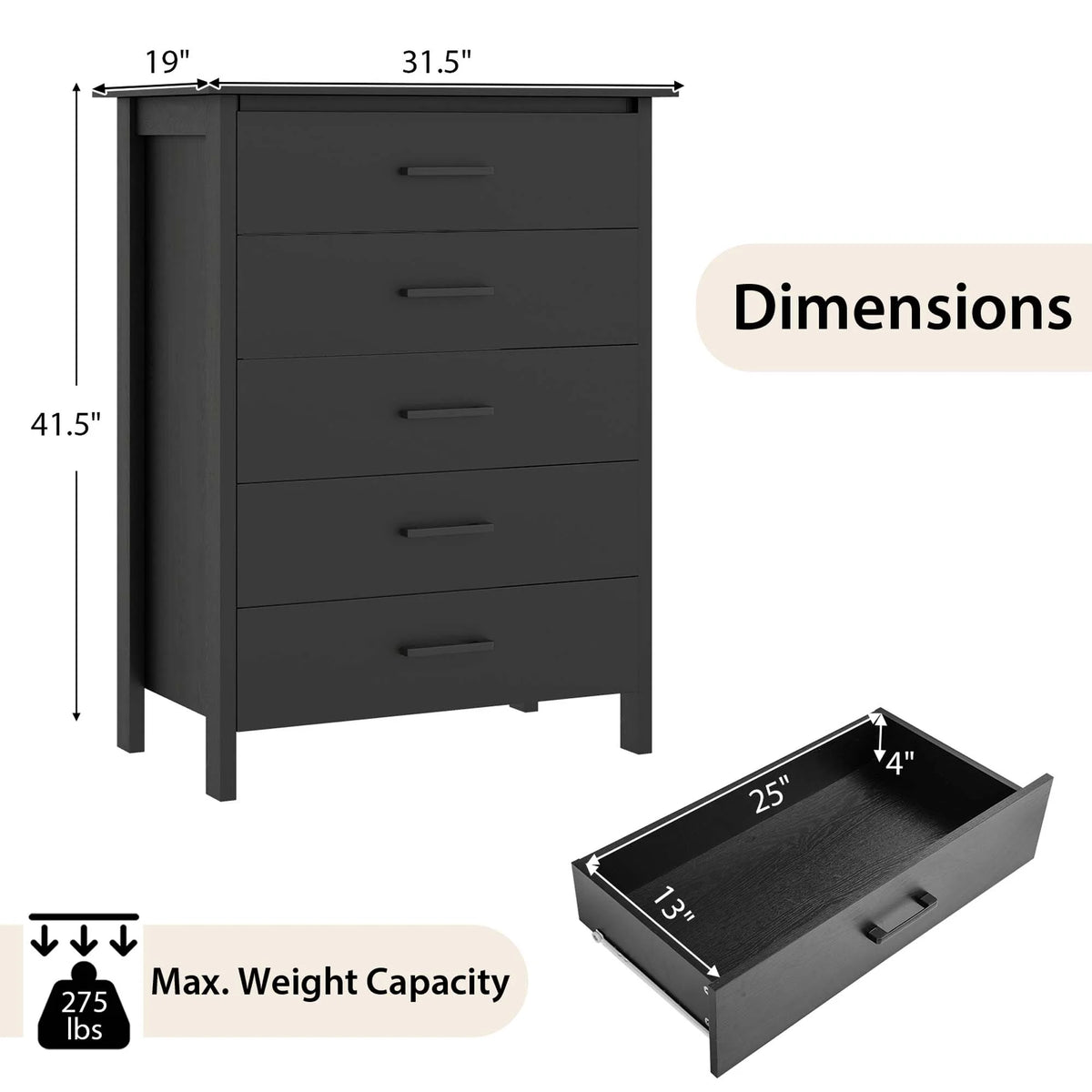 Costway Modern 5 Drawer Chest Storage Dresser Cabinet with Metal Handles Gray Oak