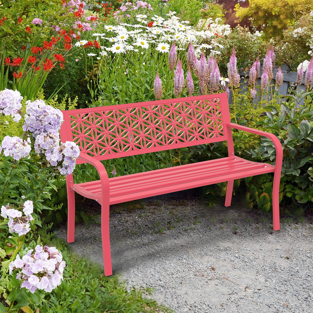 Ktaxon Outdoor Bench, Mental Bench with Floral Back, 2-Person Garden Bench for Outside Yard Patio Entryway Park Porch, 800LBS, White