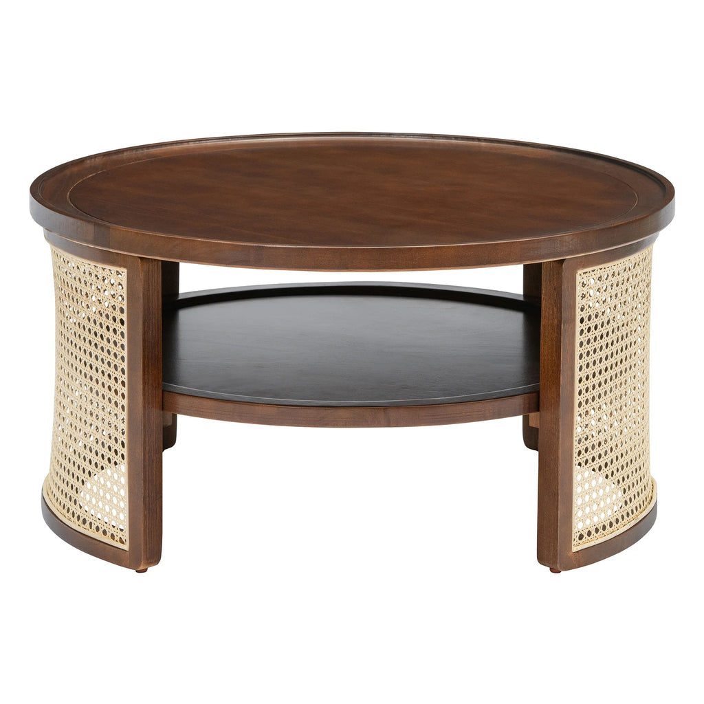 Harper & Bright Designs Rattan Round Coffee Table with Storage Shelf, Round Cane Wood Center Table for Living Room, 37'' Brown