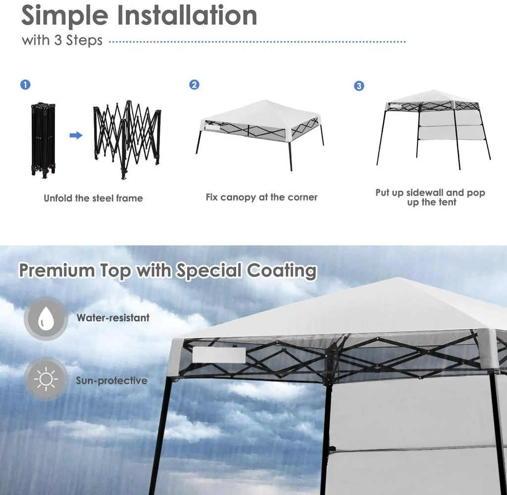 7x7 Ft Pop Up Canopy, Slant Leg Outdoor Tent with Carry Bag & 4 Stakes, Compact Portable Canopy Tent for Hiking Camping Fishing & Picnic, 7x7 Base, 6x6 top