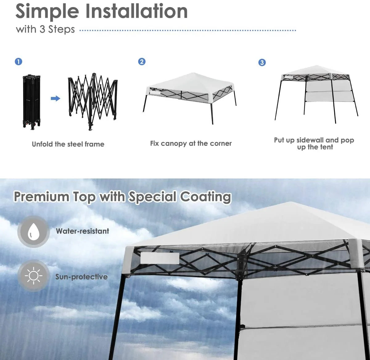 7x7 Ft Pop Up Canopy, Slant Leg Outdoor Tent with Carry Bag & 4 Stakes, Compact Portable Canopy Tent for Hiking Camping Fishing & Picnic, 7x7 Base, 6x6 top