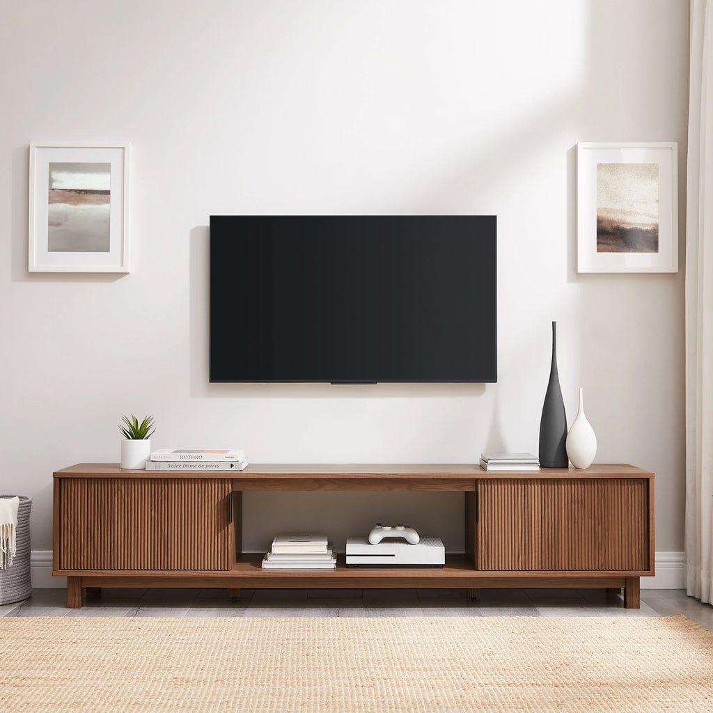 Walker Edison Mid-Century Modern Reeded 2-Door TV Stand for TVs up to 80, Coastal Oak