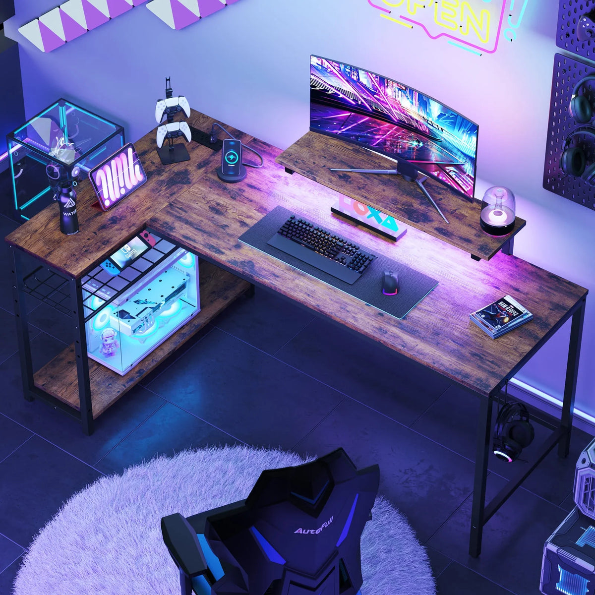 Bestier 52" Gaming Desk with LED Lights L Shaped Desk with Power Outlet & Monitor Stand Corner Computer Desk in Carbon Fiber