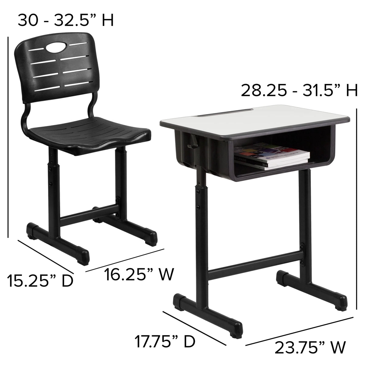 Flash Furniture Adjustable Height Classroom Student Desk with Chair and Book Box, Gray/Black