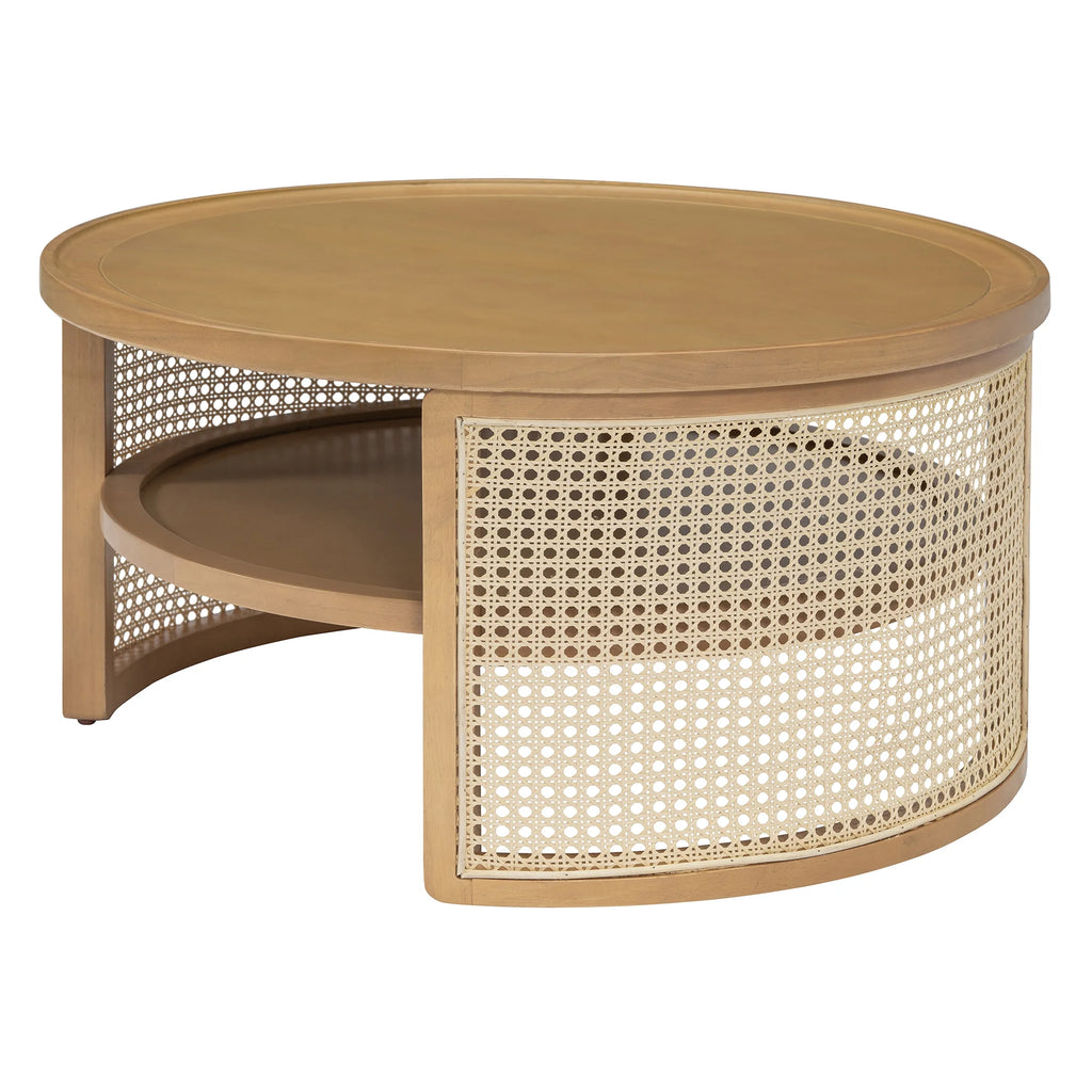 Harper & Bright Designs Rattan Round Coffee Table with Storage Shelf, Round Cane Wood Center Table for Living Room, 37'' Brown