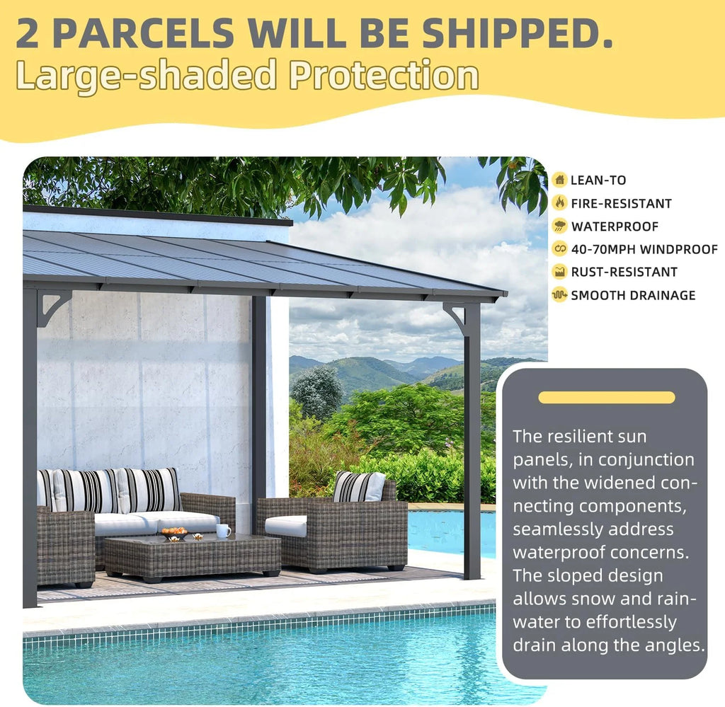 12' x 14' Outdoor Pergola Gazebo, Wall-Mounted Lean to Metal Awnings Gazebos on Clearance for Patio, Large Panel Roof Pergolas and Gazebo for Outdoor Use