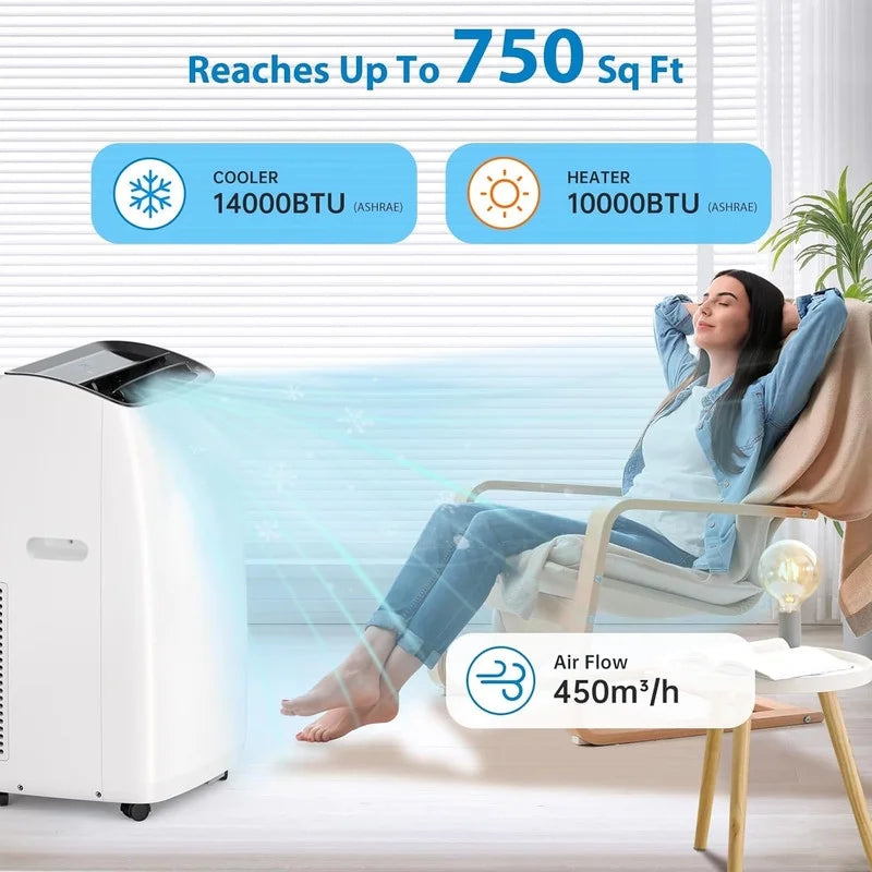 Portable Air Conditioners, 14000 BTU Air Conditioner for Rooms Up to 750 Sq.Ft, AC Unit with Heat, Sleep Mode, Dehumidifier, Fan, Remote Control, 24H Timer, Easy Setup for Bedrooms, Black Top