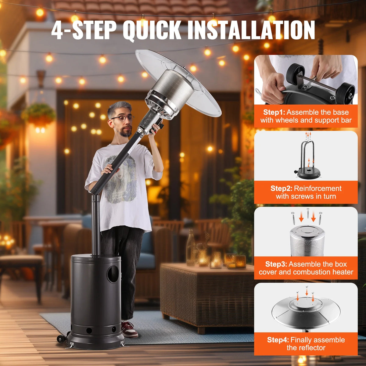 KFFKFF Outdoor Patio Heater, 50000BTU Propane Powered, Elegant Hammered Finish with Circular Table Feature, Durable Metal Burner & Portable Wheels, Ideal for Garden, Patio, Party, Backyard