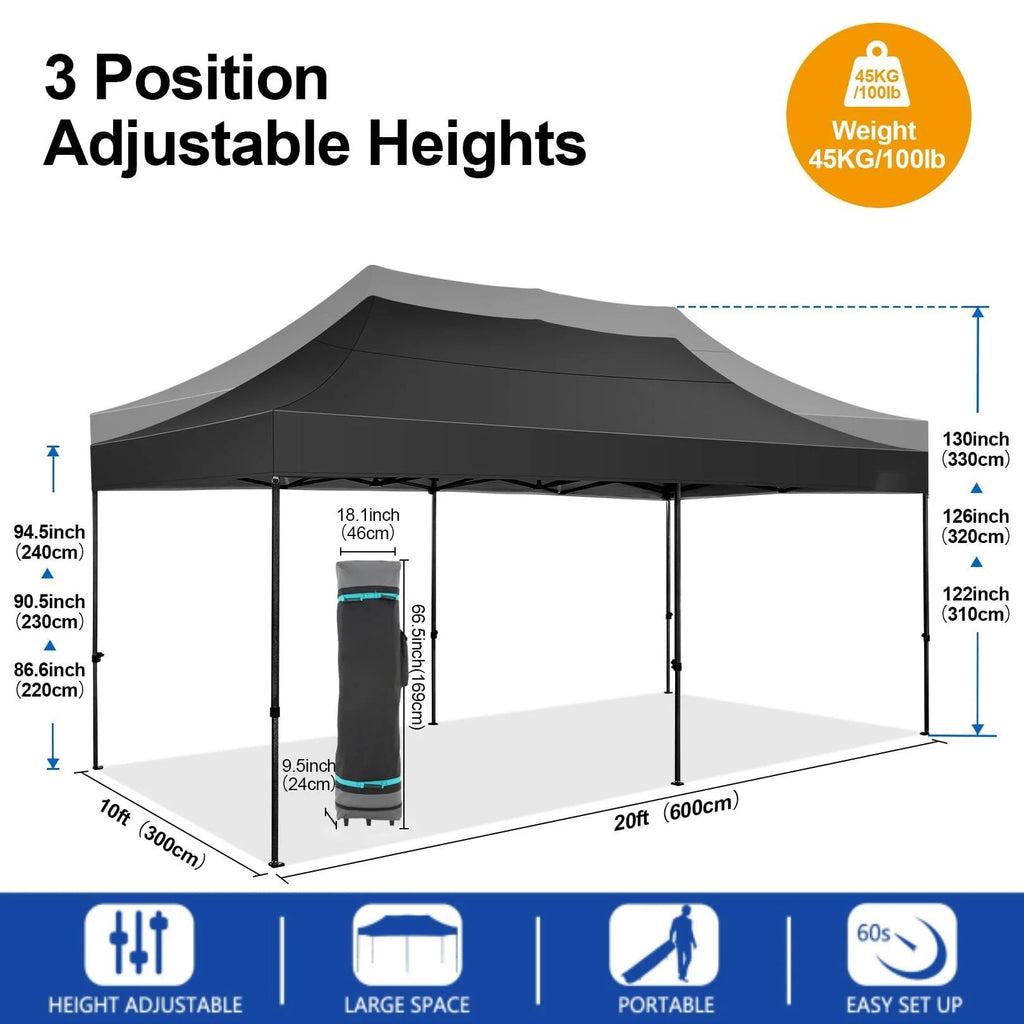 COBIZI 10x20 Heavy Duty Pop up Canopy Tent with 6 sidewalls Easy Up Commercial Outdoor Canopy Wedding Party Tent for Beach All Season Wind & Waterproof Gazebo with Roller Bag,Black(Frame Thickened)