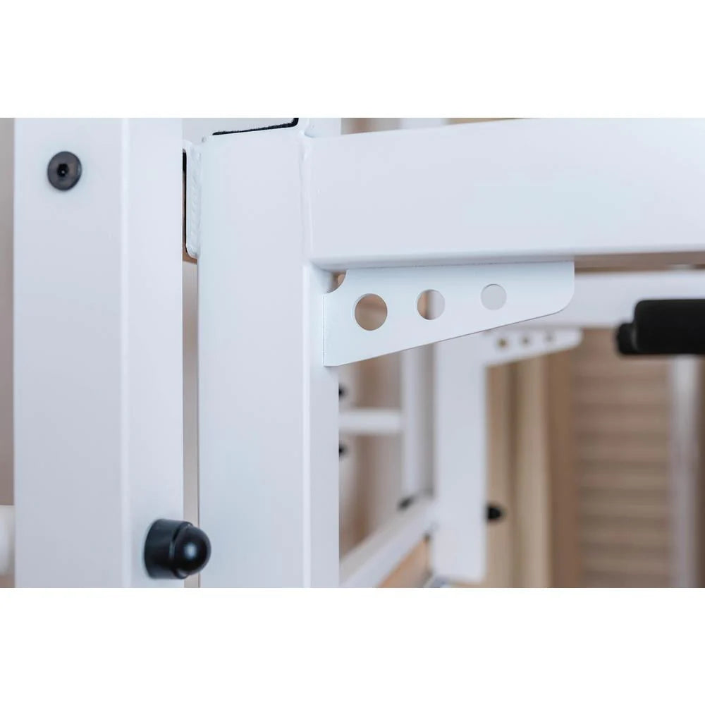 BenchK 733 White Wall bars with convertible steel 6-grip pull-up bar that can also be used as a barbell holder, dip bar with back support and advanced workout bench