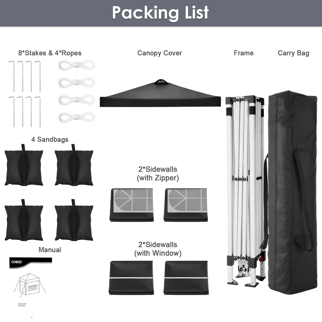 COBIZI 10x10 EZ Pop up Canopy Gazebo with Sidewalls,Pop up Canopy Tent Instant Shelter for Outdoor Party Camping Backyard Beach with Air Vent ,Carry Bag,Stakes,Ropes,Black