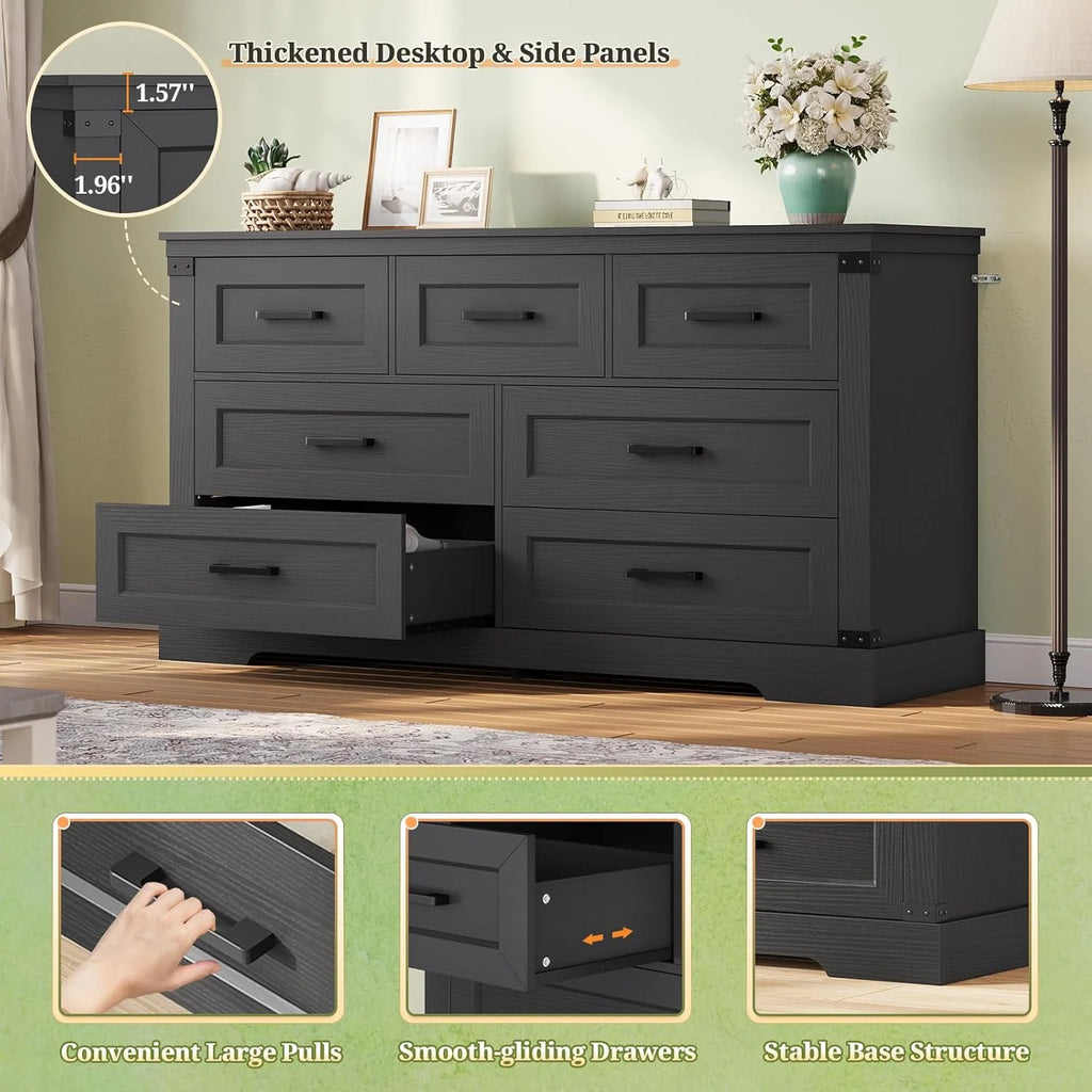 Aunfebrco Black Dresser for Bedroom Farmhouse 7 Drawers Dresser & Chest of Drawers with Thick Styling, Large Clothing Storage Organizer for Living Room
