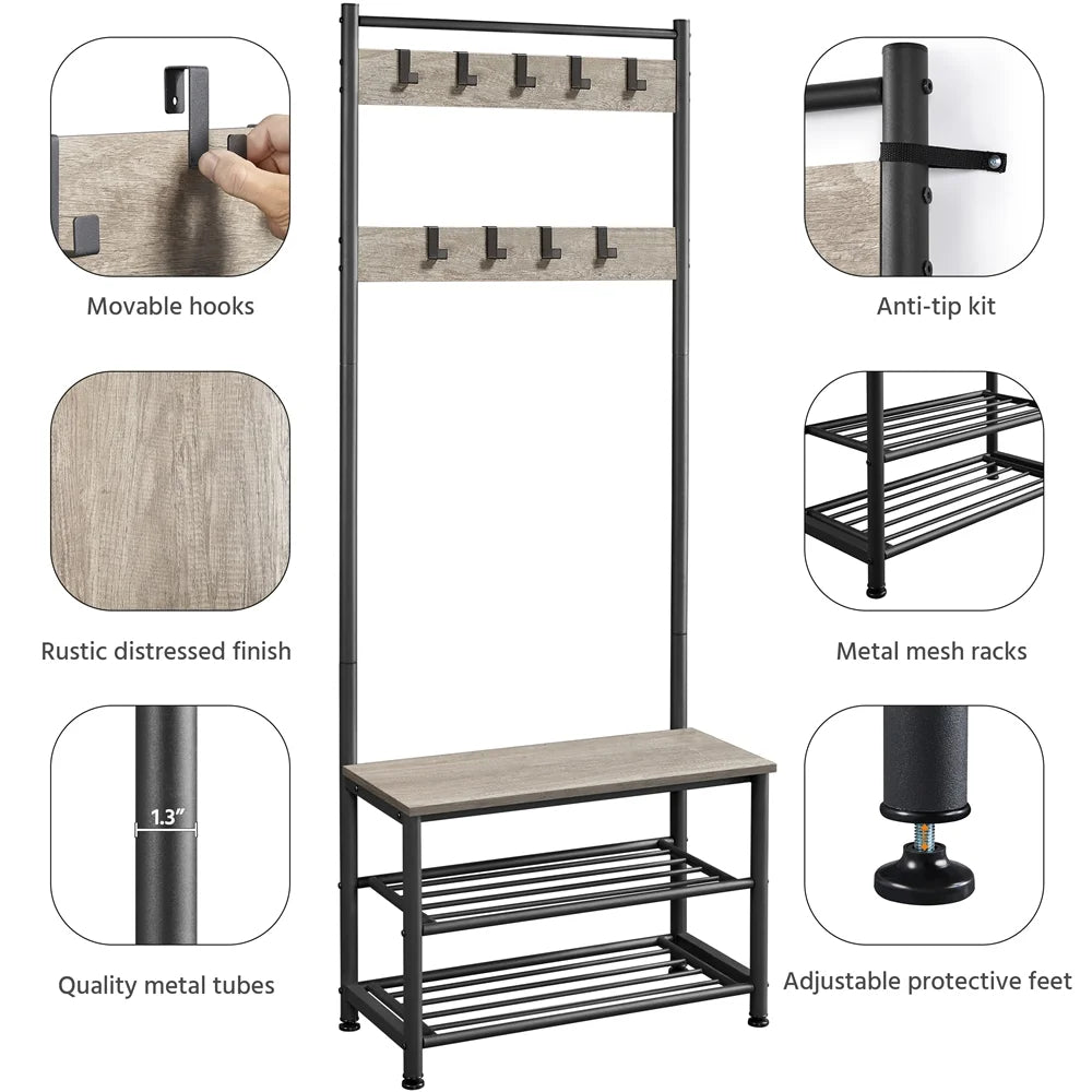 Renwick Metal Hall Tree with Shoe Shelves & Movable Hooks, Gray