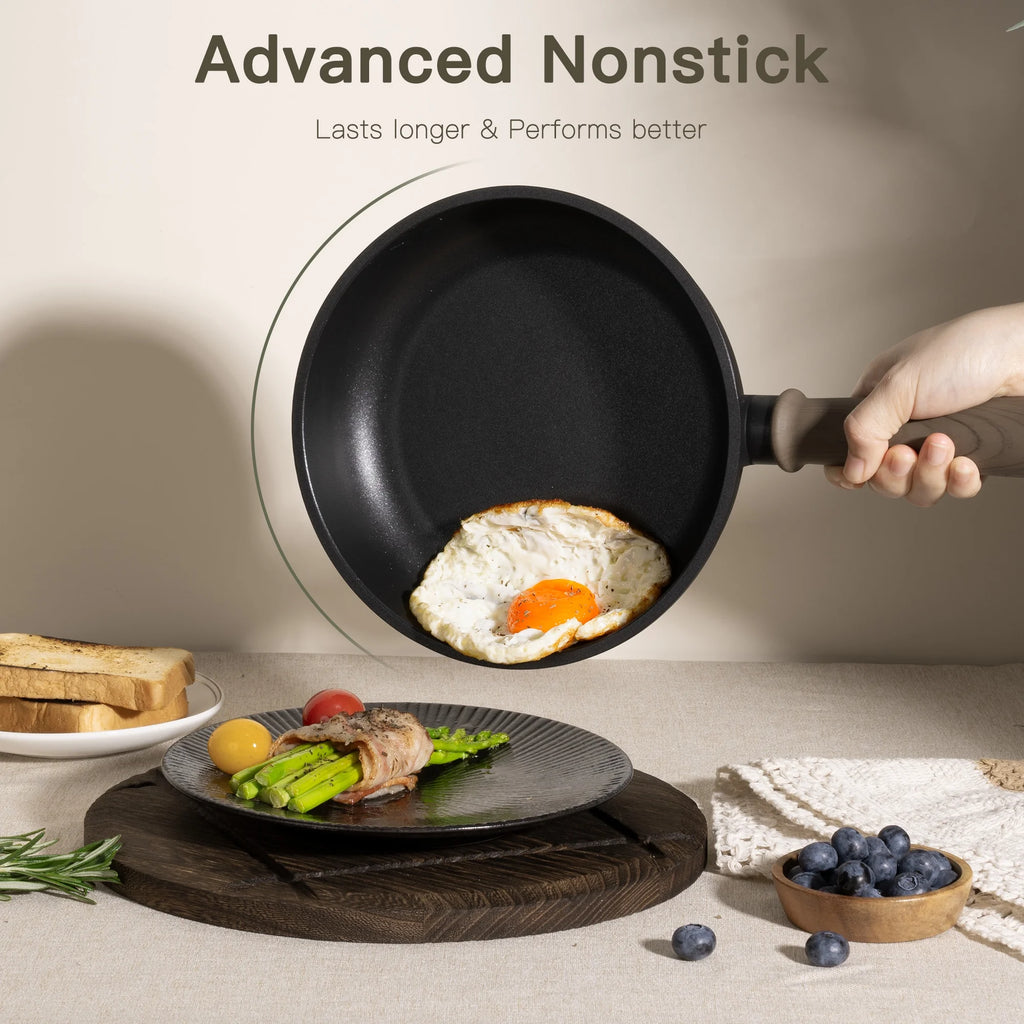 Astercook 18-Piece Pots and Pans Set, Nonstick Cookware Set with Elegant Wooden Handle, Oven Safe to 480F, Induction Compatible, Kitchen Cooking Set for RV Trips, Camping and Picnic, Black