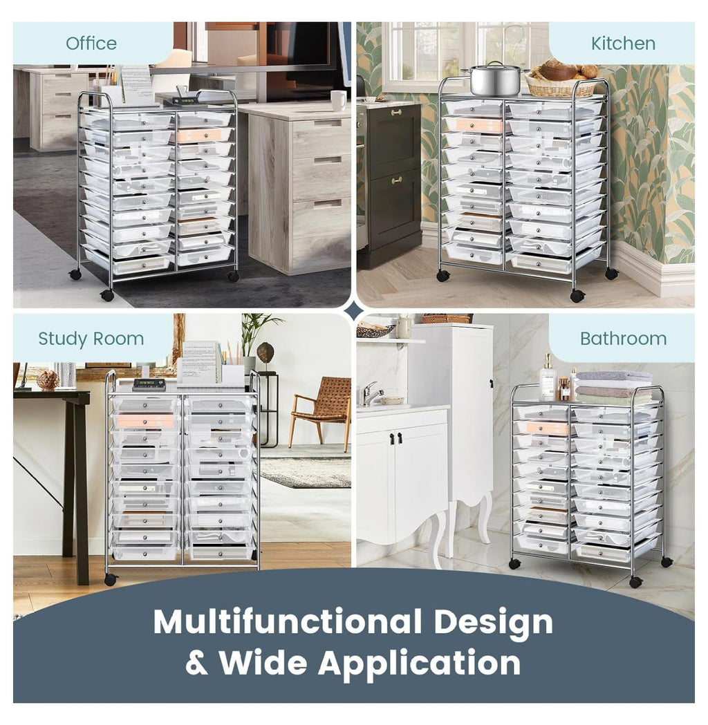 20 Drawers Storage Cart w/Rolling Wheels, Semi-Transparent Mobile Rolling Drawer Cart for School Classroom Office Home Salon, Files Scrapbook Craft Organizer, Utility Cart on Wheels (Clear)