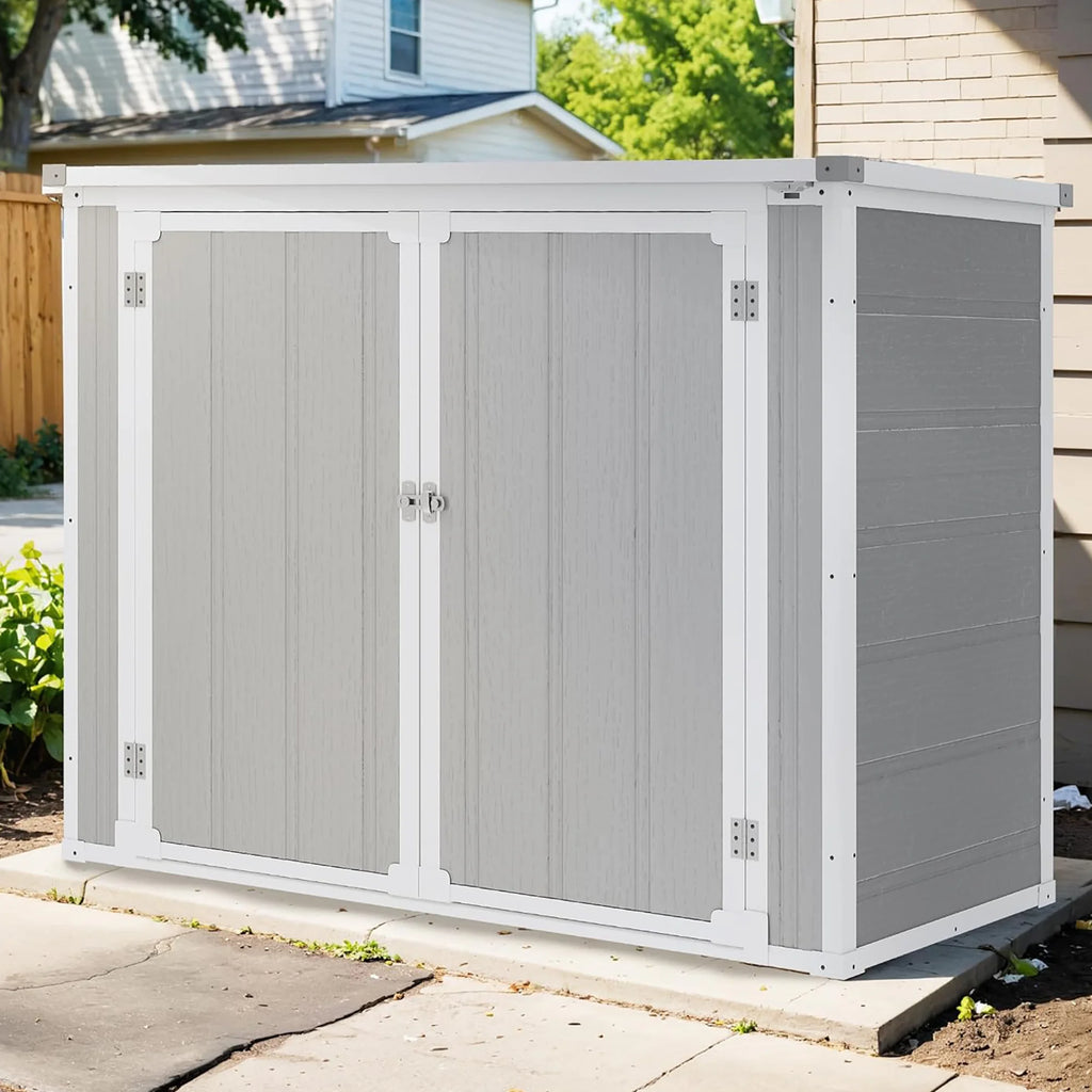 Shinpt Outdoor Storage Shed, 41 Cu Ft. All-Weather Resin Tool Shed, Lockable Double Door Shed for Storage of Garden Tools, Pool Accessories, Bikes, Garbage Bin, for Garden, Yard Lawn Pool