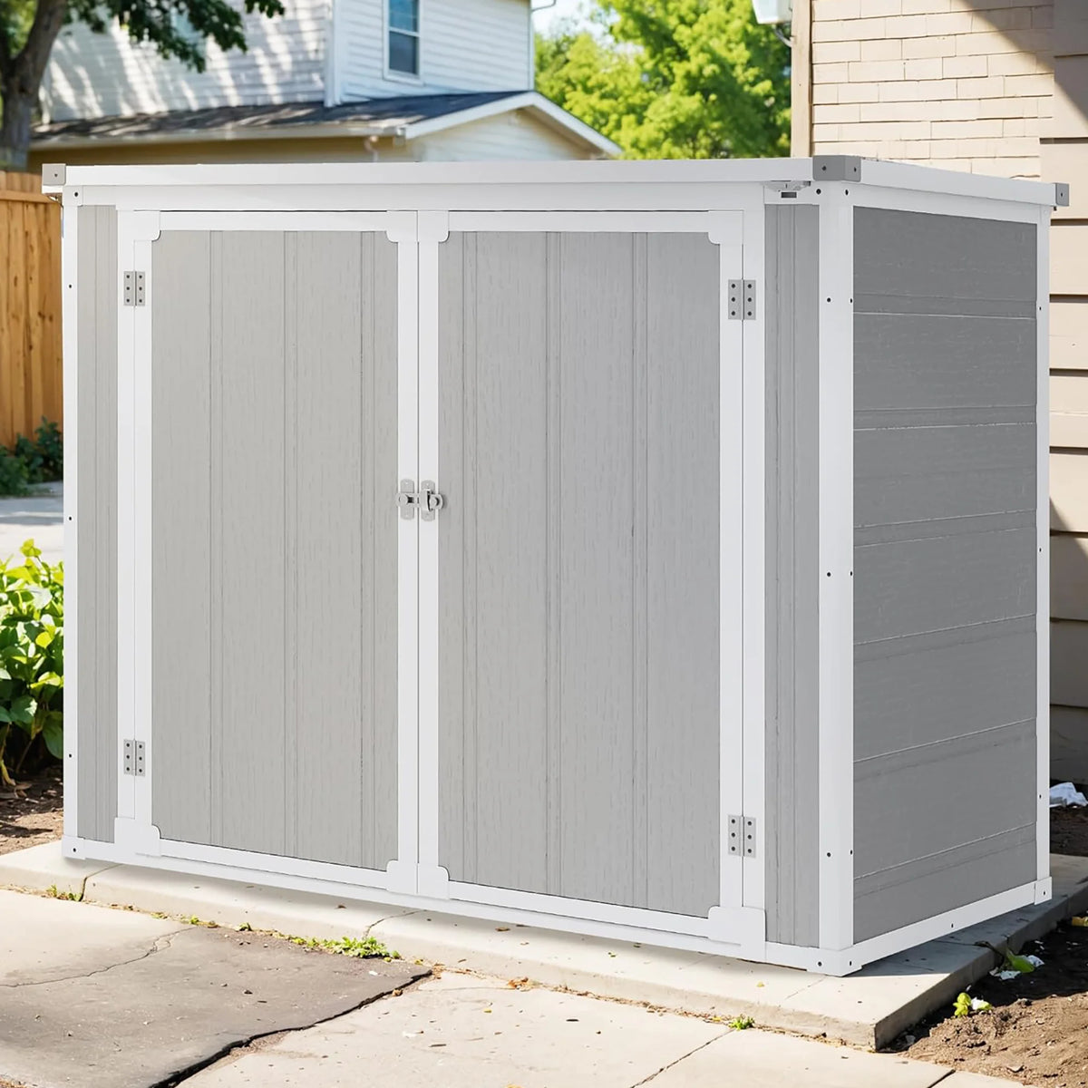 Shinpt Outdoor Storage Shed, 41 Cu Ft. All-Weather Resin Tool Shed, Lockable Double Door Shed for Storage of Garden Tools, Pool Accessories, Bikes, Garbage Bin, for Garden, Yard Lawn Pool