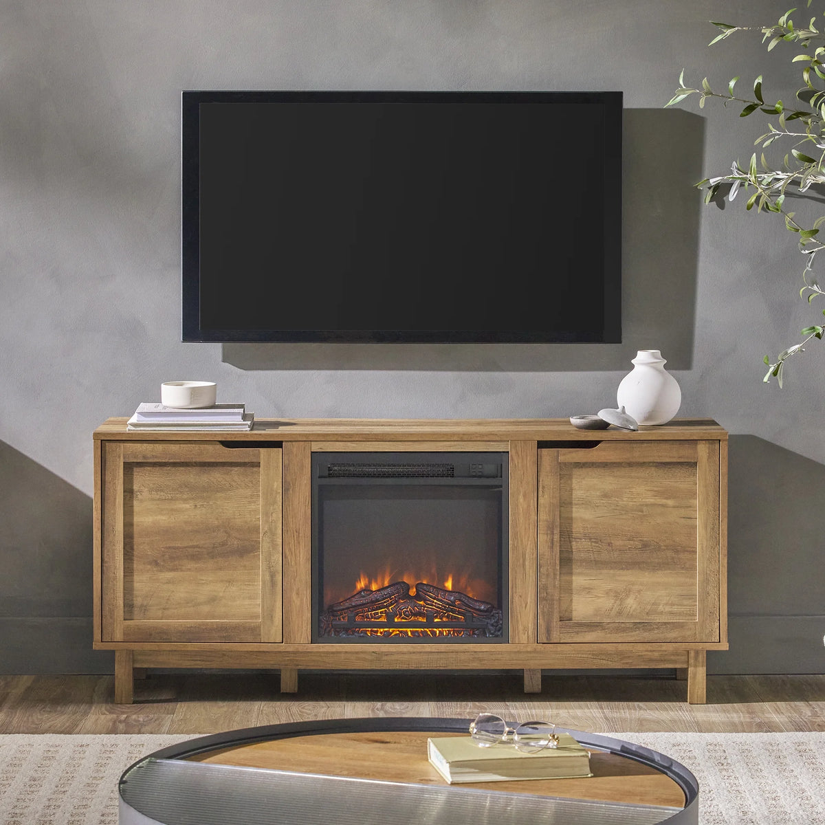Walker Edison Transitional 2-Door Fireplace TV Stand for TVs up to 65, Reclaimed Barnwood