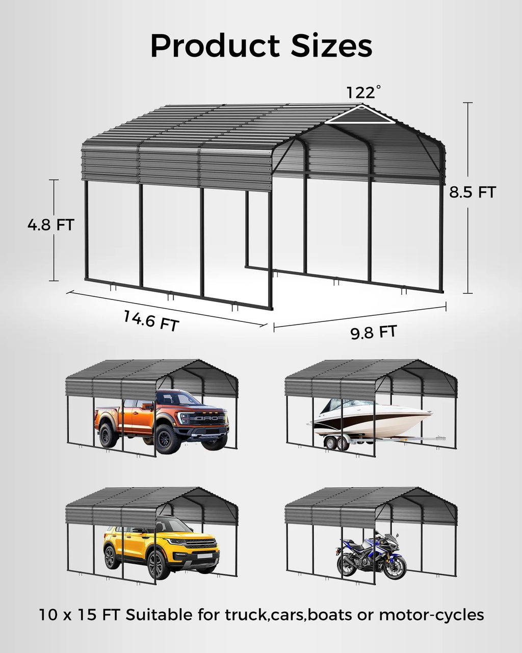 12x20FT Heavy Duty Metal Carport - Galvanized Steel Roof, Reinforced Frame, High Wind & Snow Rating - Shelter for Cars, Trucks, Boats