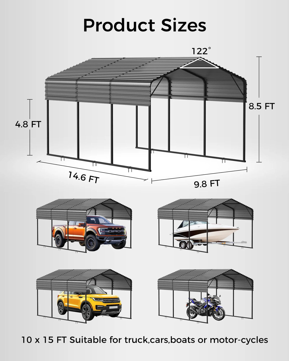 12x20FT Heavy Duty Metal Carport - Galvanized Steel Roof, Reinforced Frame, High Wind & Snow Rating - Shelter for Cars, Trucks, Boats