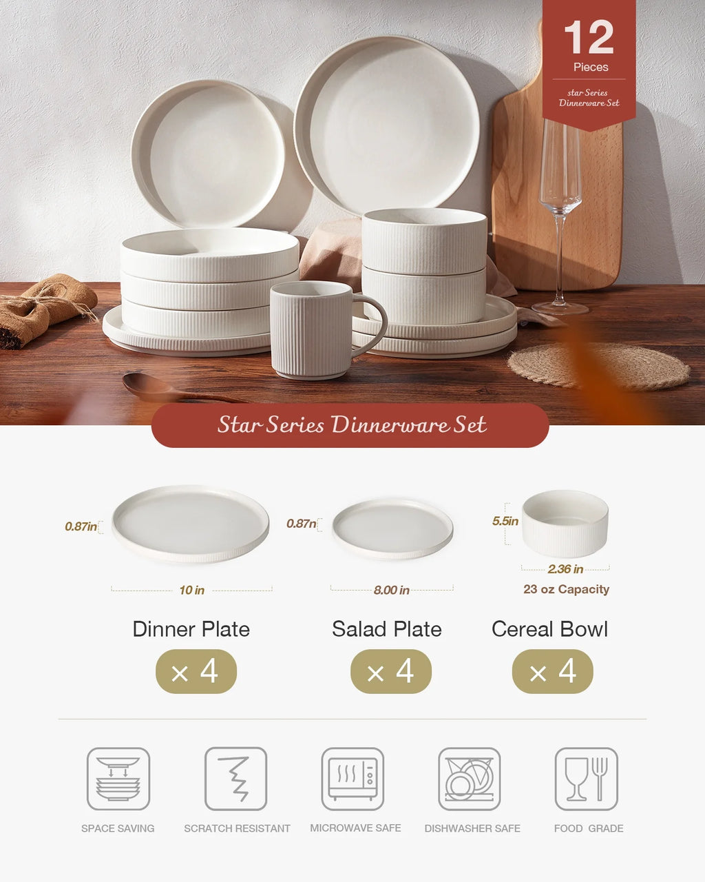 Famiware Star Stoneware Dinnerware Sets, Plates and Bowls Set for 4, 12 Piece Dish Set, Cappuccino White
