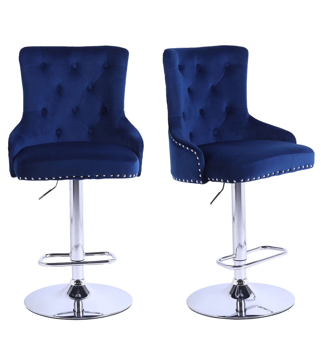 Alexent  2PCS Swivel Bar Stools, High Back, Button Tufted, Silver Footrest and Nailhead Trim Swivel Bar Chairs for Kitchen, Bar Velvet Upholstered Bar Stools, Dark Blue