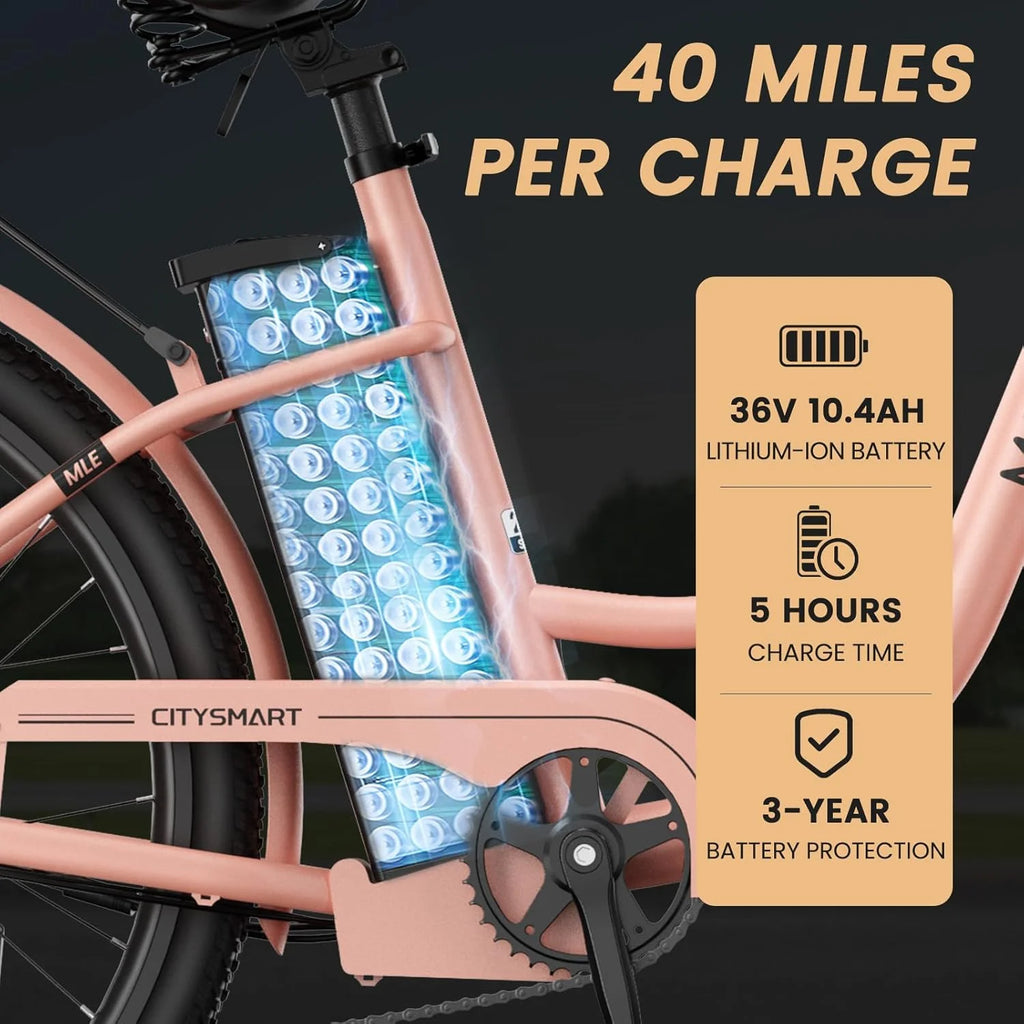MOONCOOL Electric Bicycle for Adults 350W , 7-Speed Ebike with 36V 10.4Ah Removable Battery 40 Miles Range , 20 mph Electric Commuter Bike for Women Men, Certified to UL 2849 by SGS