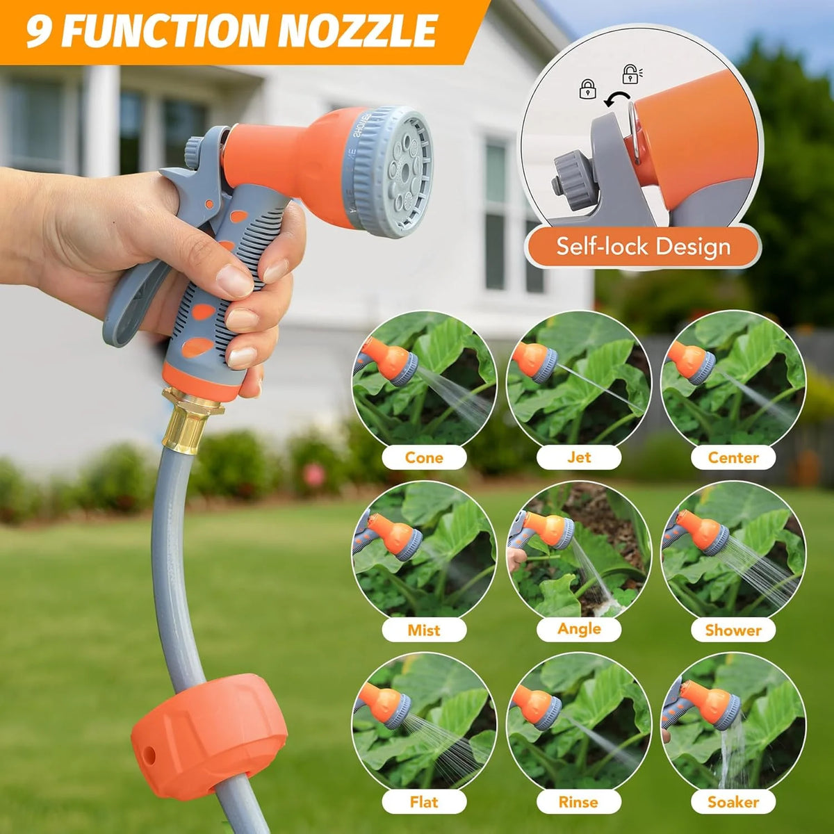 Auto-Retract Wall-Mounted Garden Hose Reel w/9-Pattern Nozzle, 180 Swivel & Any-Length Lock, 600PSI Durable