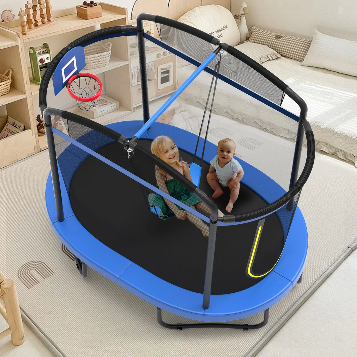 Seizeen 6FT Trampoline for Kids, 3-IN-1 Rectangular Outdoor/Indoor Trampoline with Enclosure, Basketball Hoop, Swing