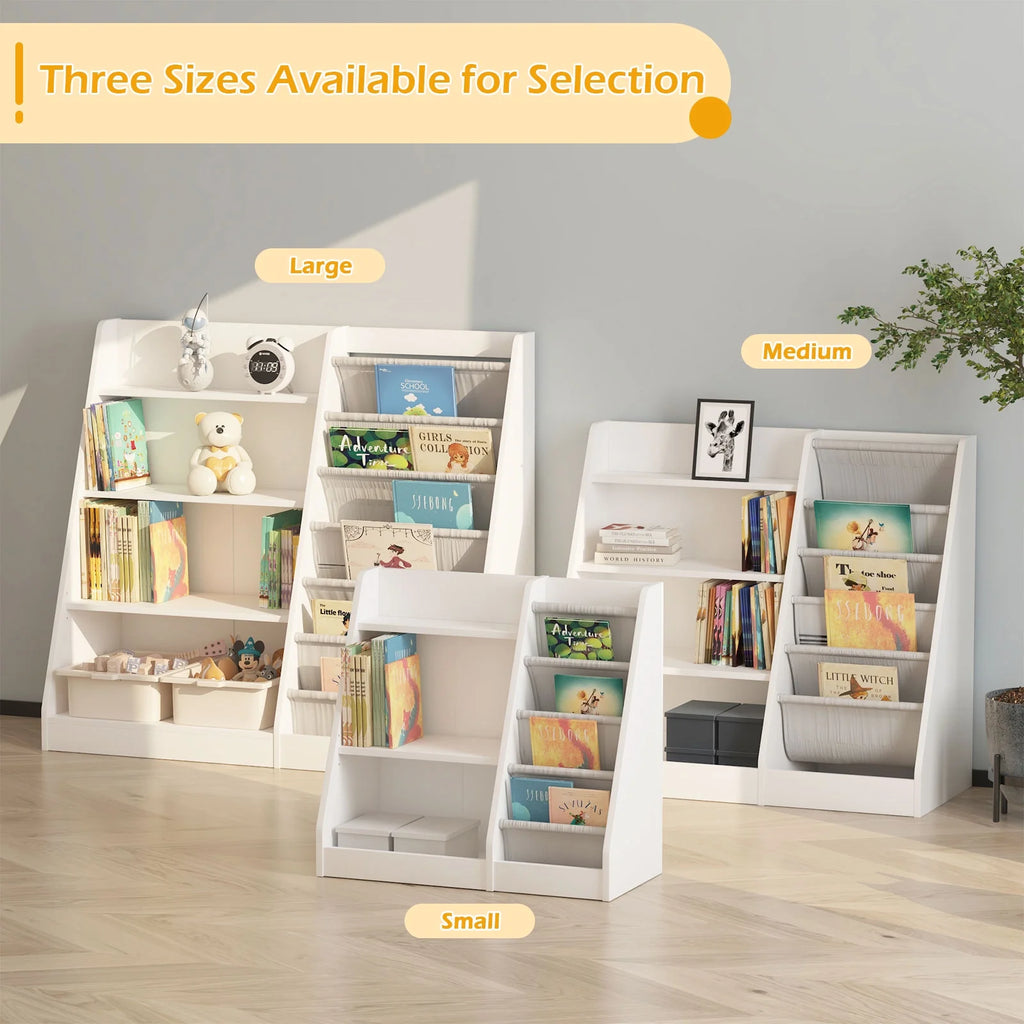 Hironpal Small 3 Tier Kids Bookshelf with 4 Layer Sling Adjustable Book Display Shelf for Nursery Playroom Kids Baby Bedroom