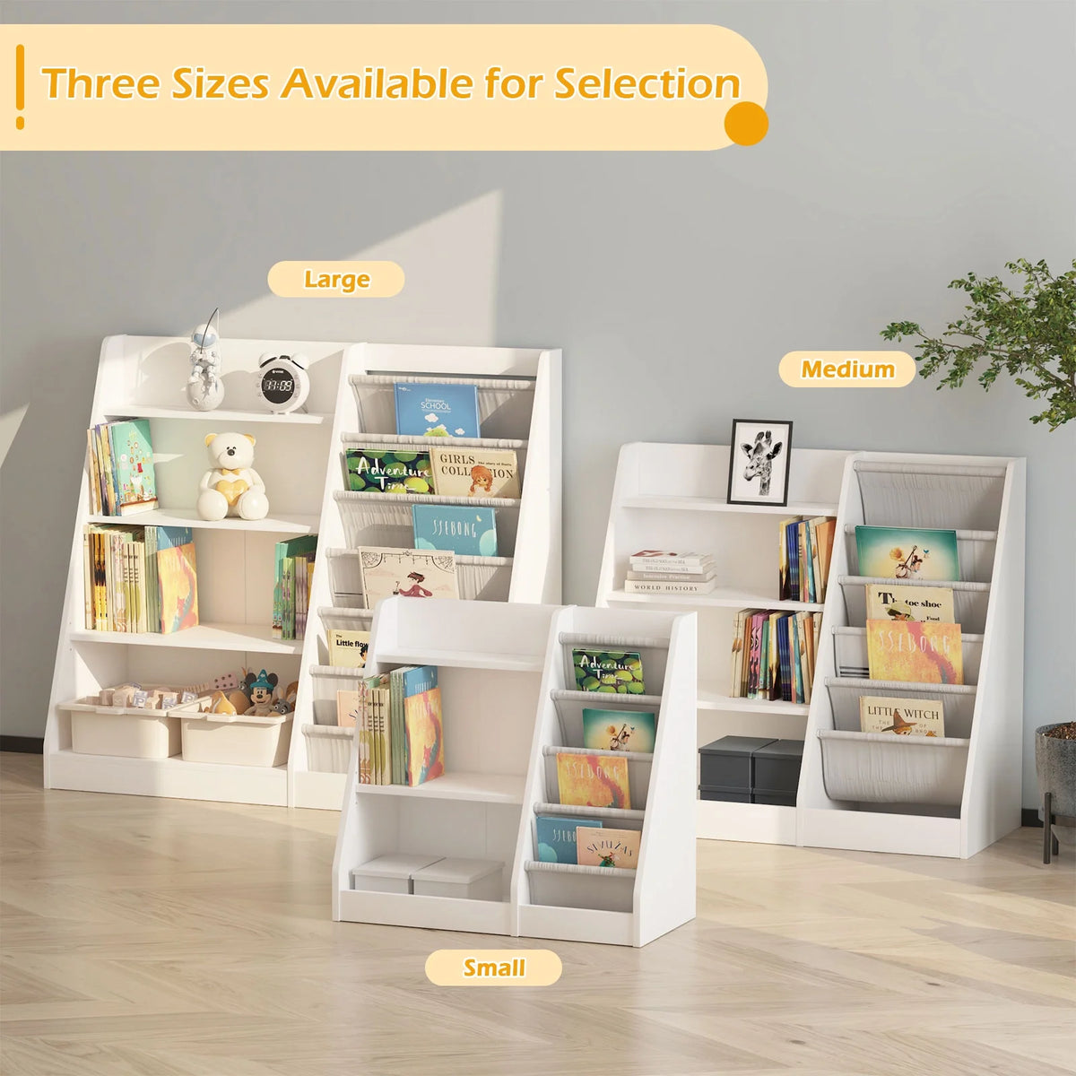 Hironpal Small 3 Tier Kids Bookshelf with 4 Layer Sling Adjustable Book Display Shelf for Nursery Playroom Kids Baby Bedroom