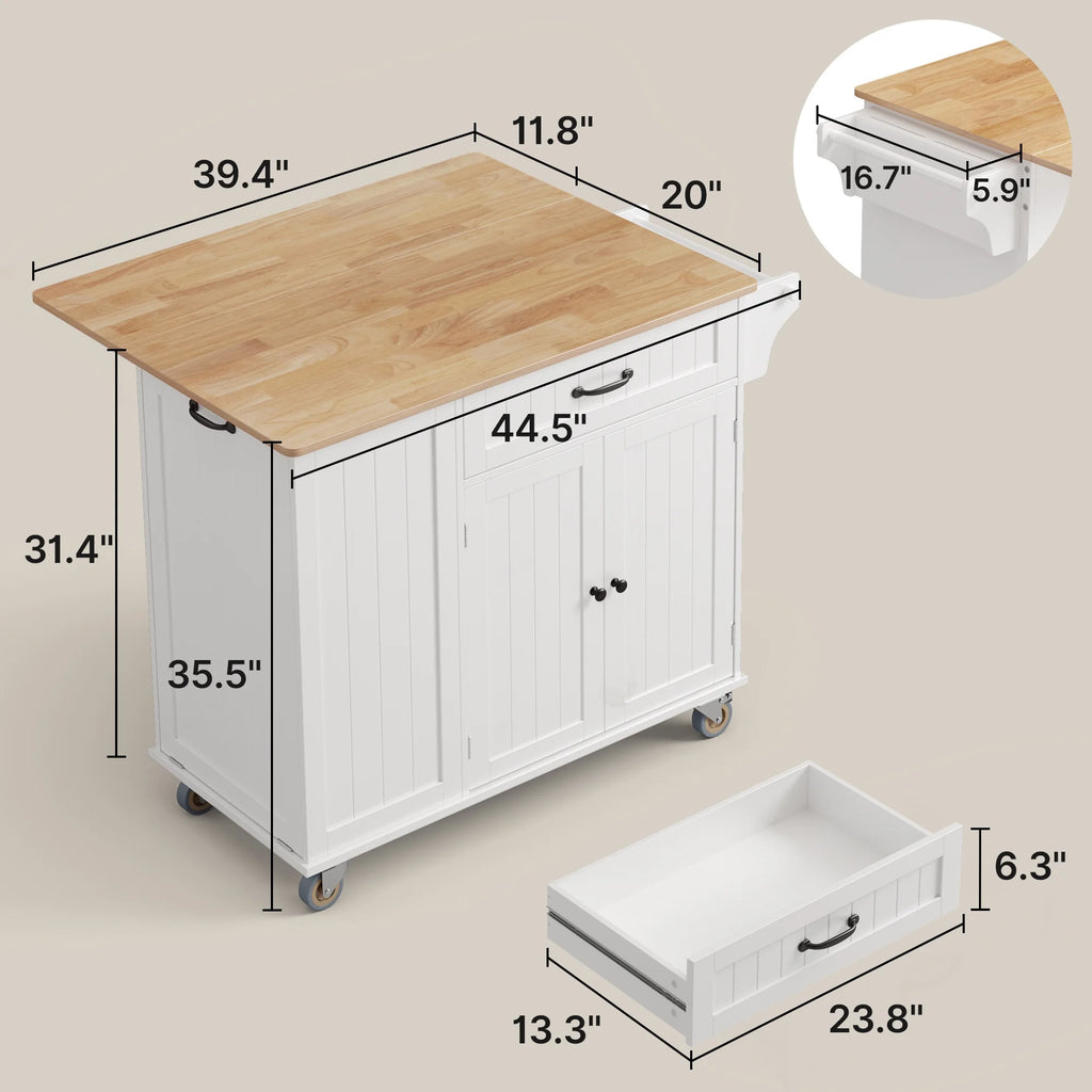 Noelse Rolling Kitchen Island with Drop Leaf Table and Hidden Trash Cabinet, Mobile Kitchen Cart with Storage Drawer, Adjustable Shelves & Rubberwood Countertop on Wheels, White