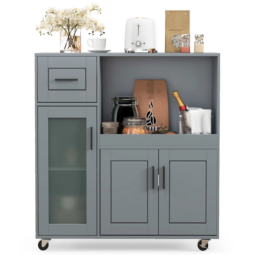 Gymax Kitchen Island Cart on Wheels Microwave Cabinet w/ Frosted Tempered Glass Door