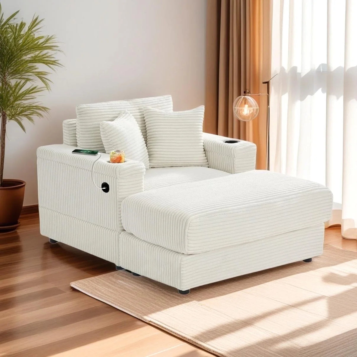 Wiilayok Oversized Lounge Chair Indoor,54" Corduroy Cloud Chaise Lounge Couch Indoor with Ottoman,Cup Holder for Living Room,Bedroom,Beige