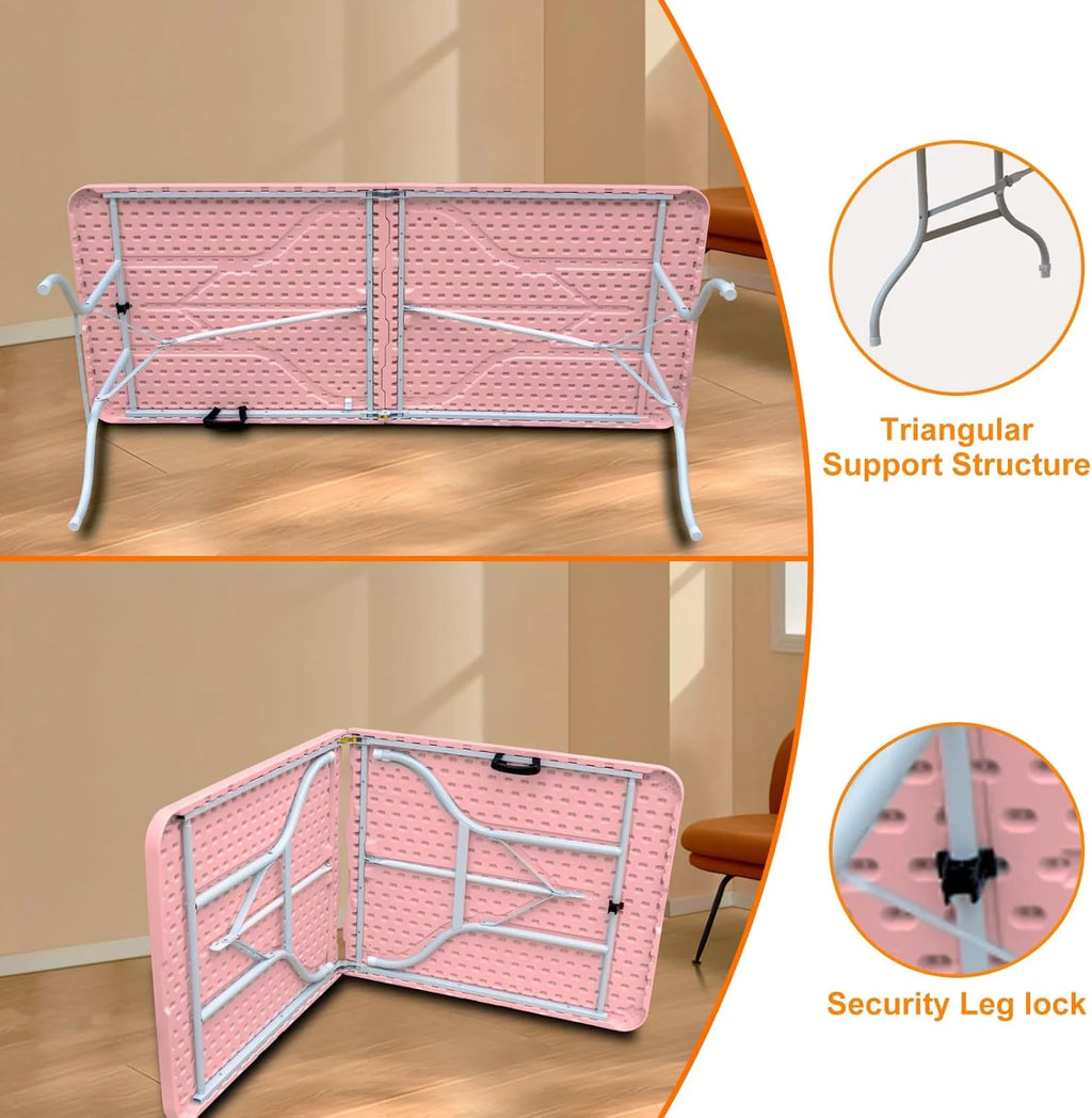 Folding Table with Carry Handle, Portable Fold-in-Half Plastic Table, Rectangle Foldable Table for Indoor