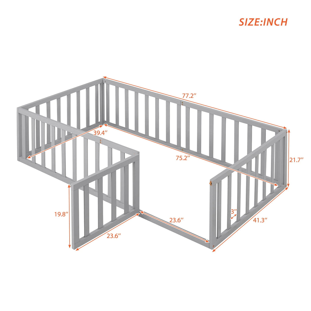 Wood Floor Bed with Fence and Door for Kids, Twin, Gray