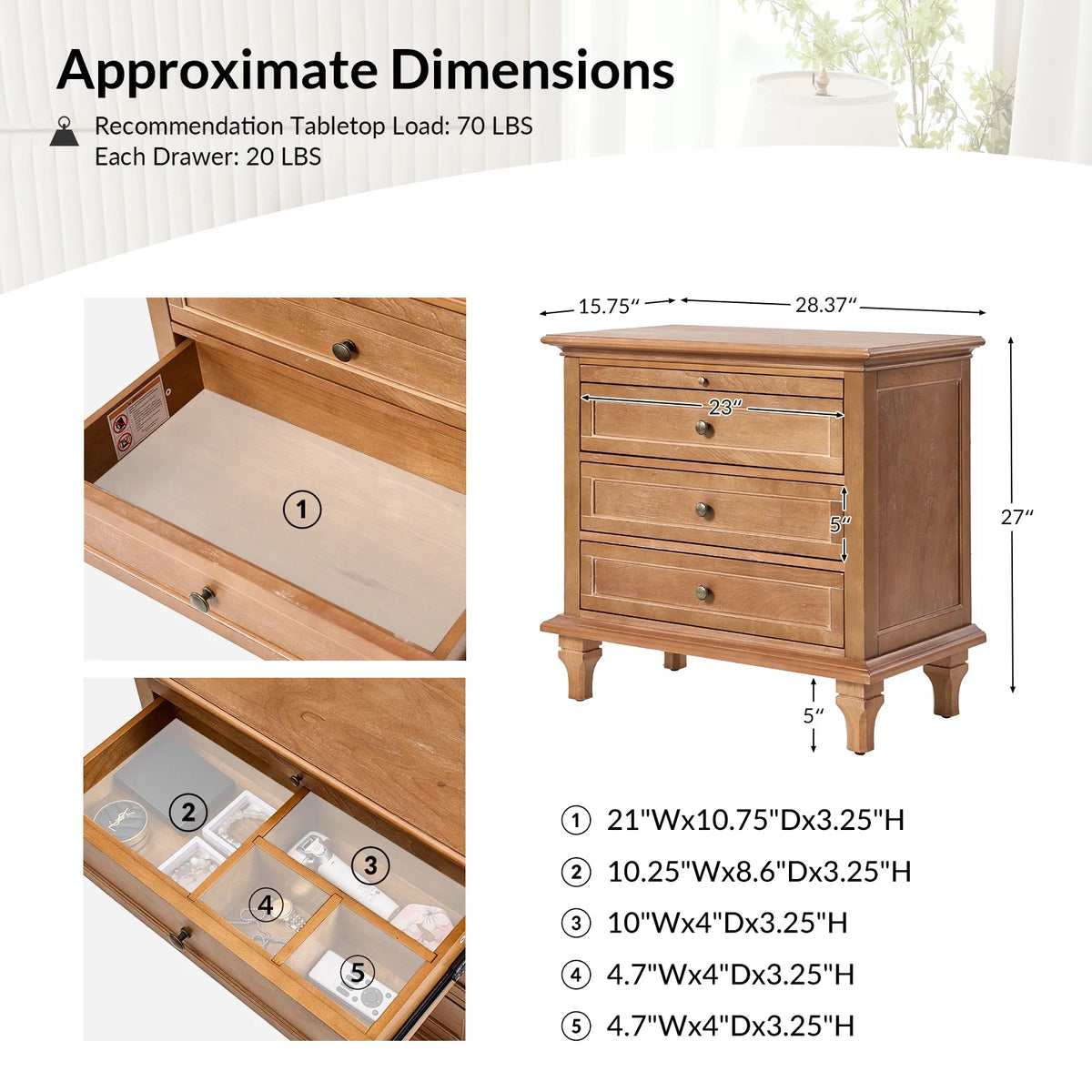 Farmhouse 3 Drawers Nightstand with Tray Bedside Table with Charging Station Acorn