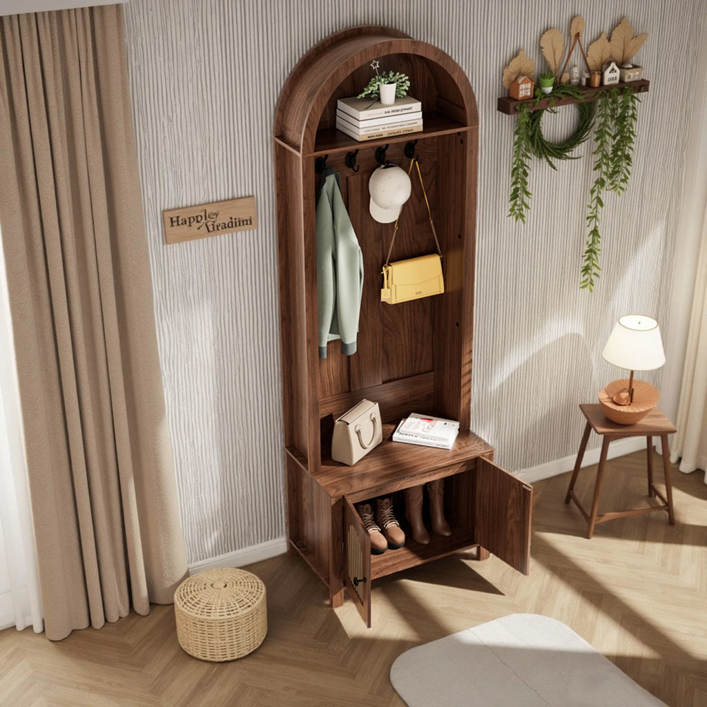 Diubas Arch Hall Tree with Bench and Shoe Storage, Farmhouse Coat Rack for Hallway, Entryway, Walnut