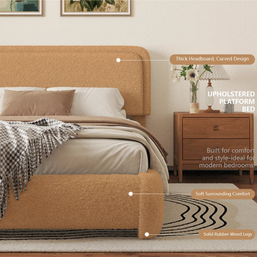 VIPLOV King Size Boucle Bed Frame, Cloud Upholstered Platform Bed with Height Adjustable Headboard & Soft Rounded Corners, No Noise Free, Easy Assembly,Beige