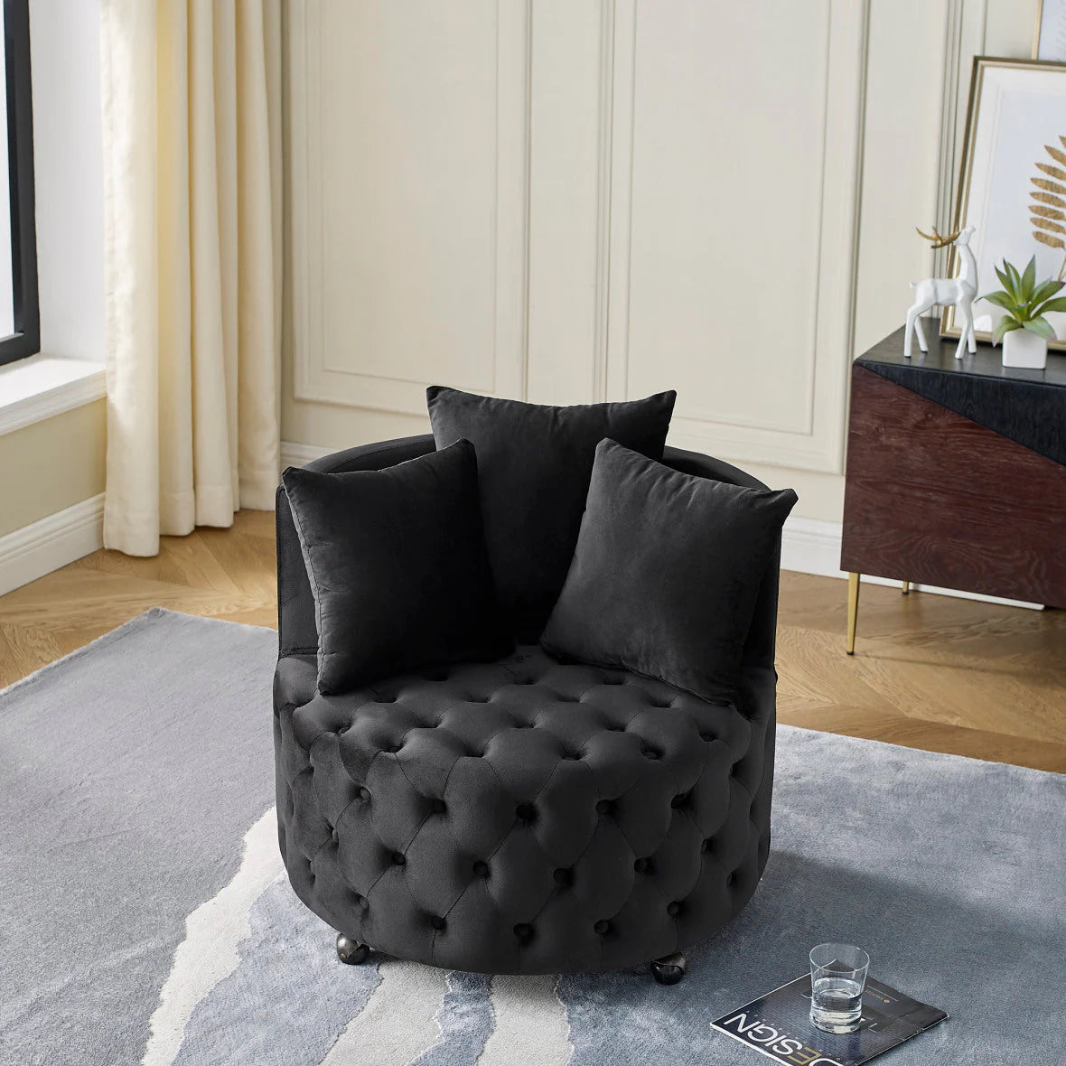 Swivel Barrel Chair, Modern Velvet Upholstered Lounge Chair with Button Tufted Design and Movable Wheels, Round Club Chair with 3 Pillows for Bedroom, Living Room, Lounge, Hotel. Black.