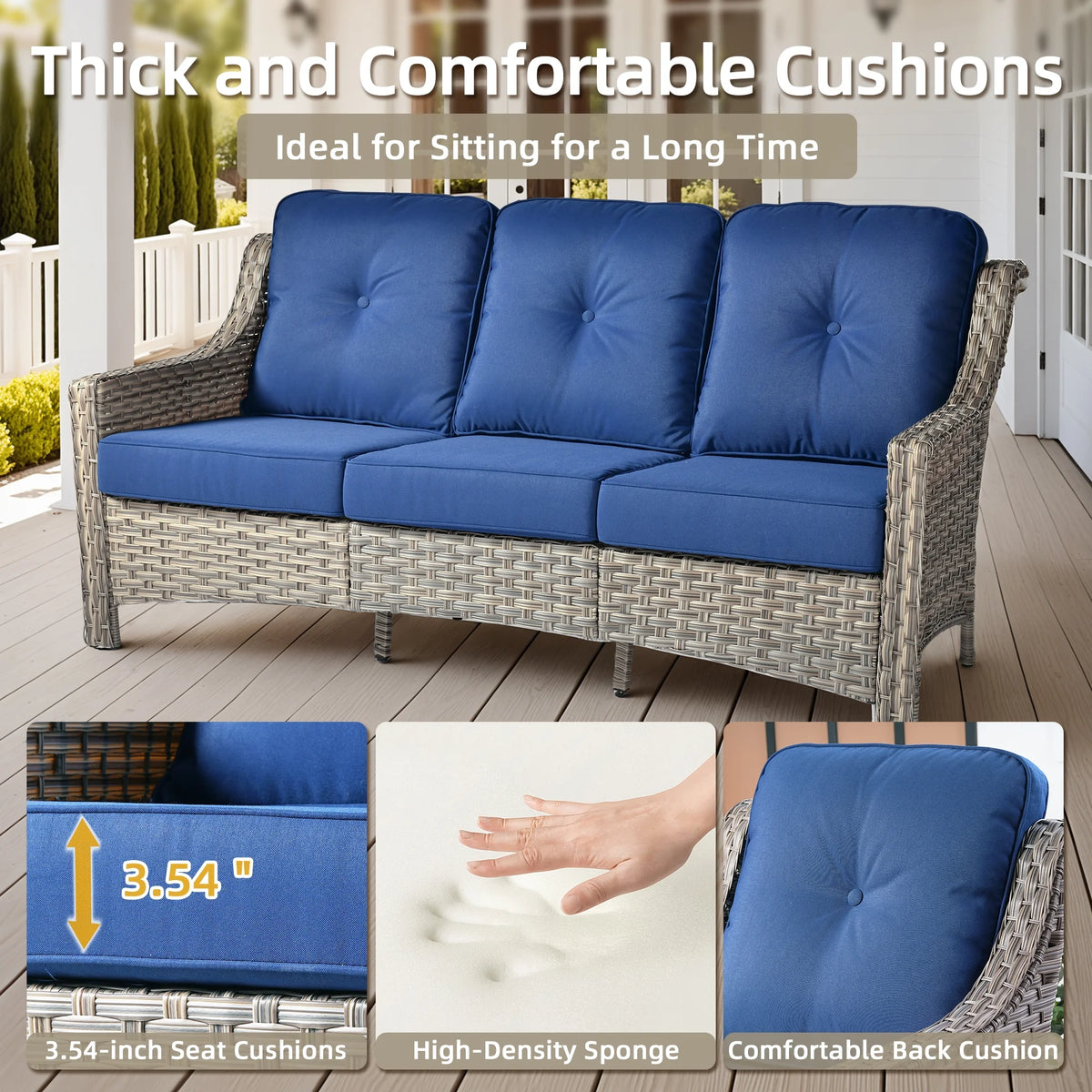 Ovios Outdoor Patio Sofa 3-Seater with Cushions All-Weather Wicker Rattan Couch for Garden, Porch, or Backyard