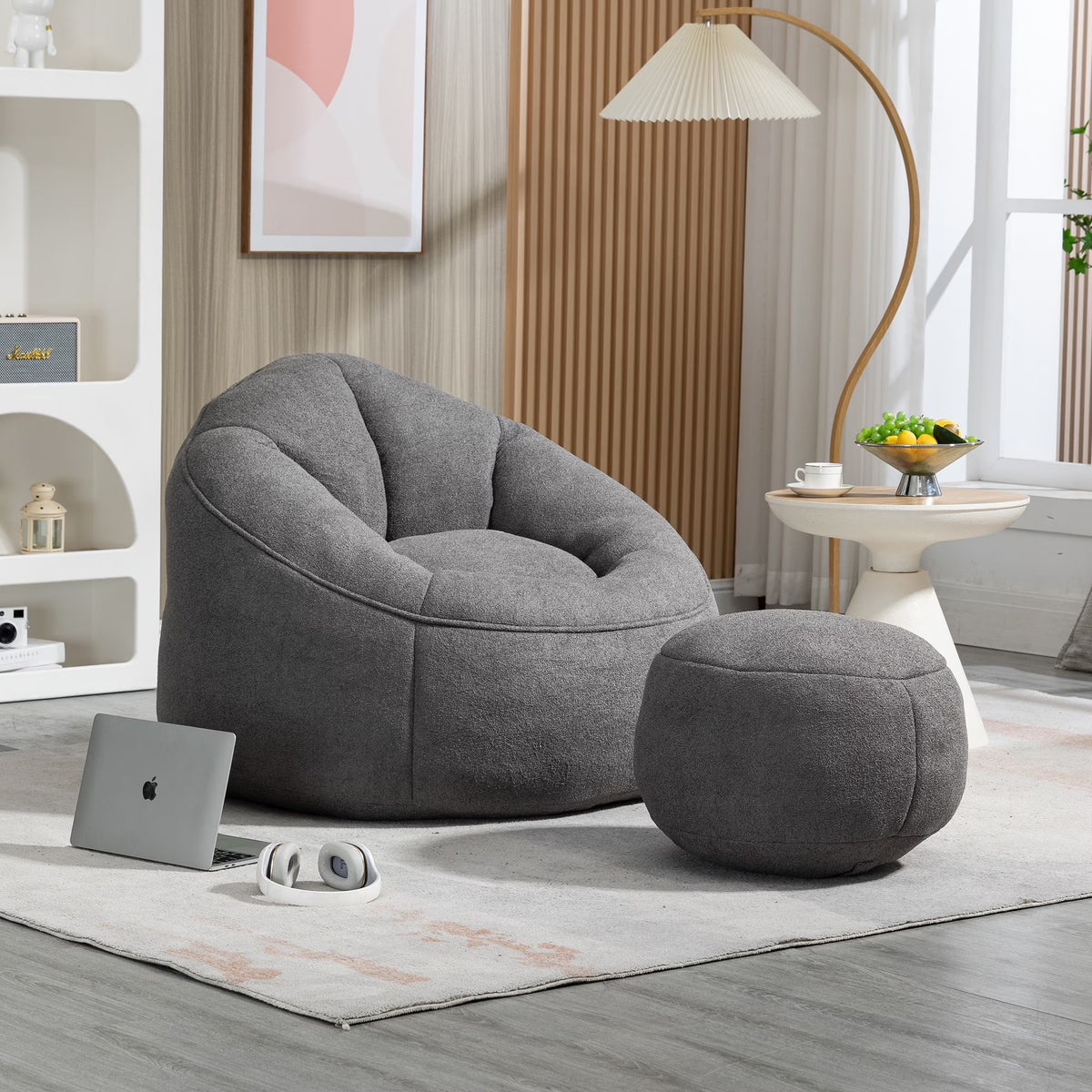 MOONMISS Microfiber Upholstered High Pressure Foam Round Lazy Bean Bag Sofa Chair with Ottoman-Gray