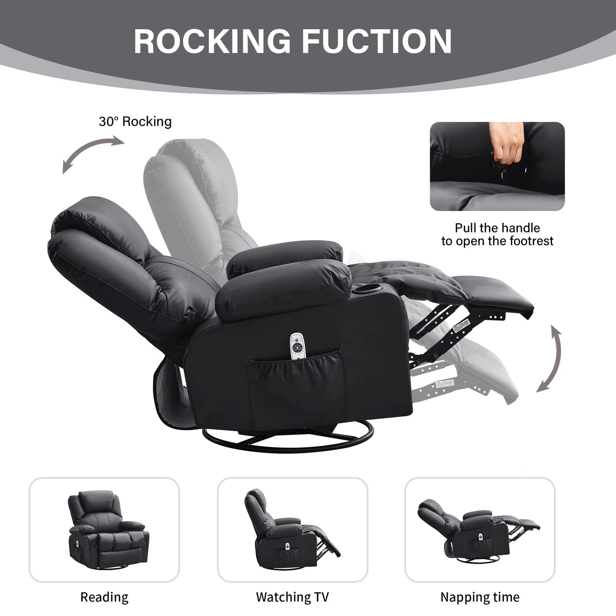 JONPONY Manual Recliner Chair with Heat Therapy and Massage Function, Heavy Duty Reclining Mechanism Massage Chair, Elderly Single Rocker Sofa with Cup Holders for Bedroom Home Theater,Black