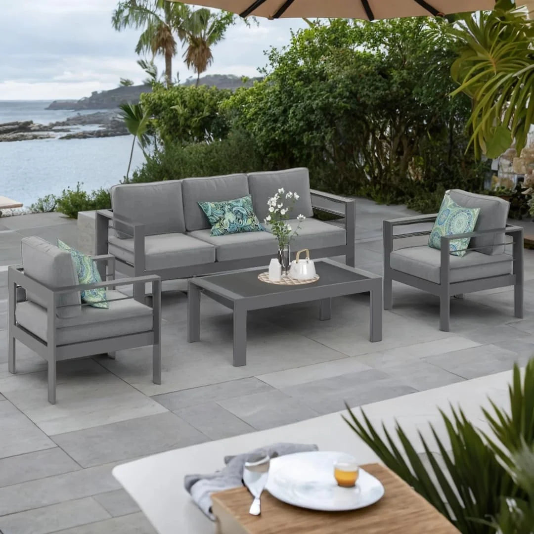 CozyHom 5 Pcs Outdoor Patio Aluminum Furniture Sofa Sets, Outside Patio Conversation Couch Sets With Table&Cushions for Garden Porch, Gray