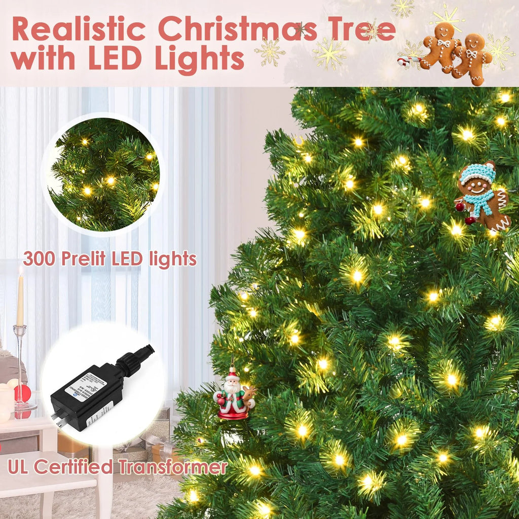 Vebreda 6FT Pre-Lit Artificial Christmas Tree with 300 Warm White LED Lights, Hinged Branch Design, Eco-Friendly PVC Needles & Foldable Metal Stand for Home, Office & Holiday Dcor
