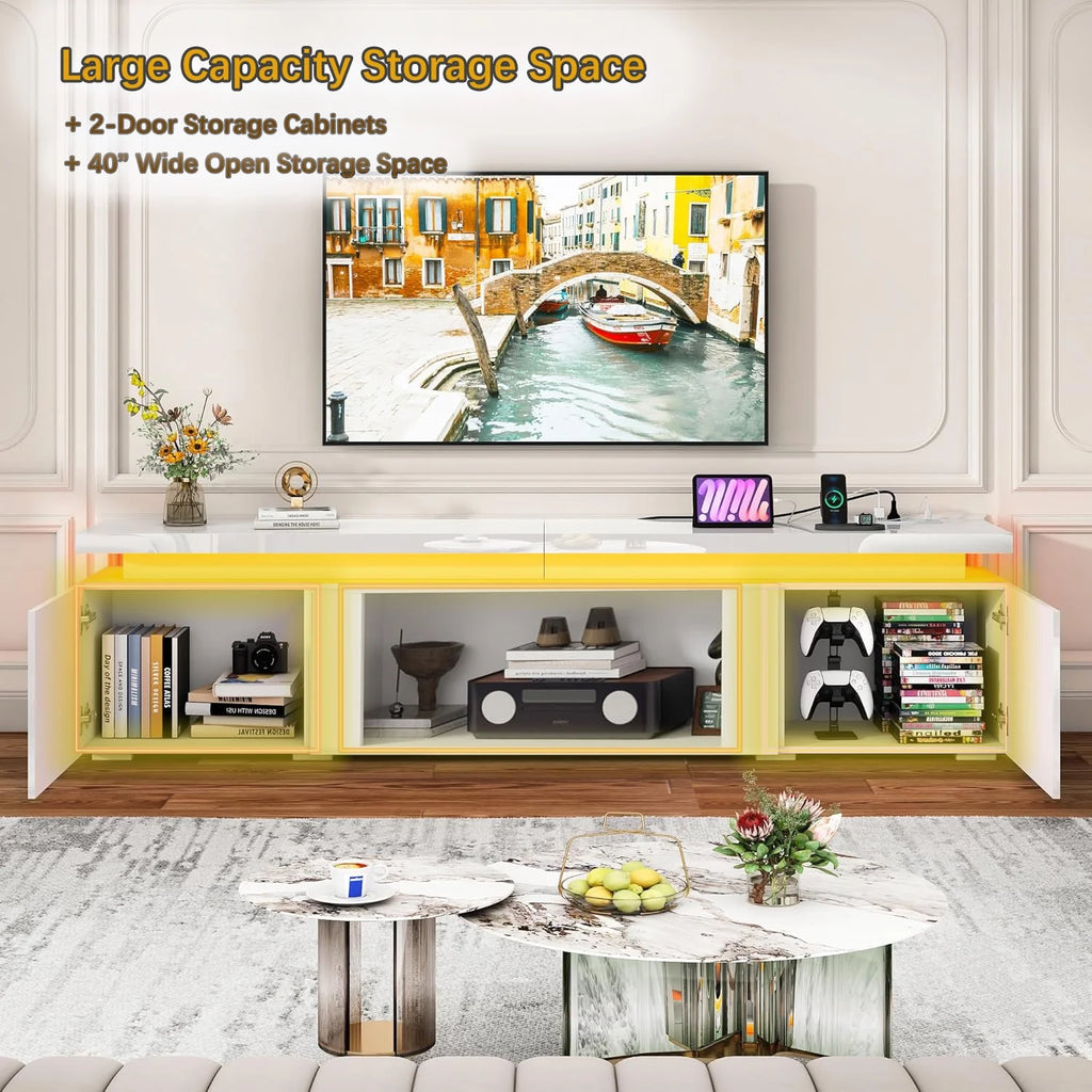 Blotout High Gloss LED TV Stand for up to 80" TVs /40" Electric Fireplace, 71" Large Entertainment Center Console Table with Power Charging Station