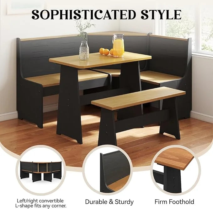 Breakfast Nook Kitchen Corner Dining Table Bench Chair Set, Space-Saving 3-4 Seat L-Shape Farmhouse Mid Century Modern Style for Family Home Black Wood
