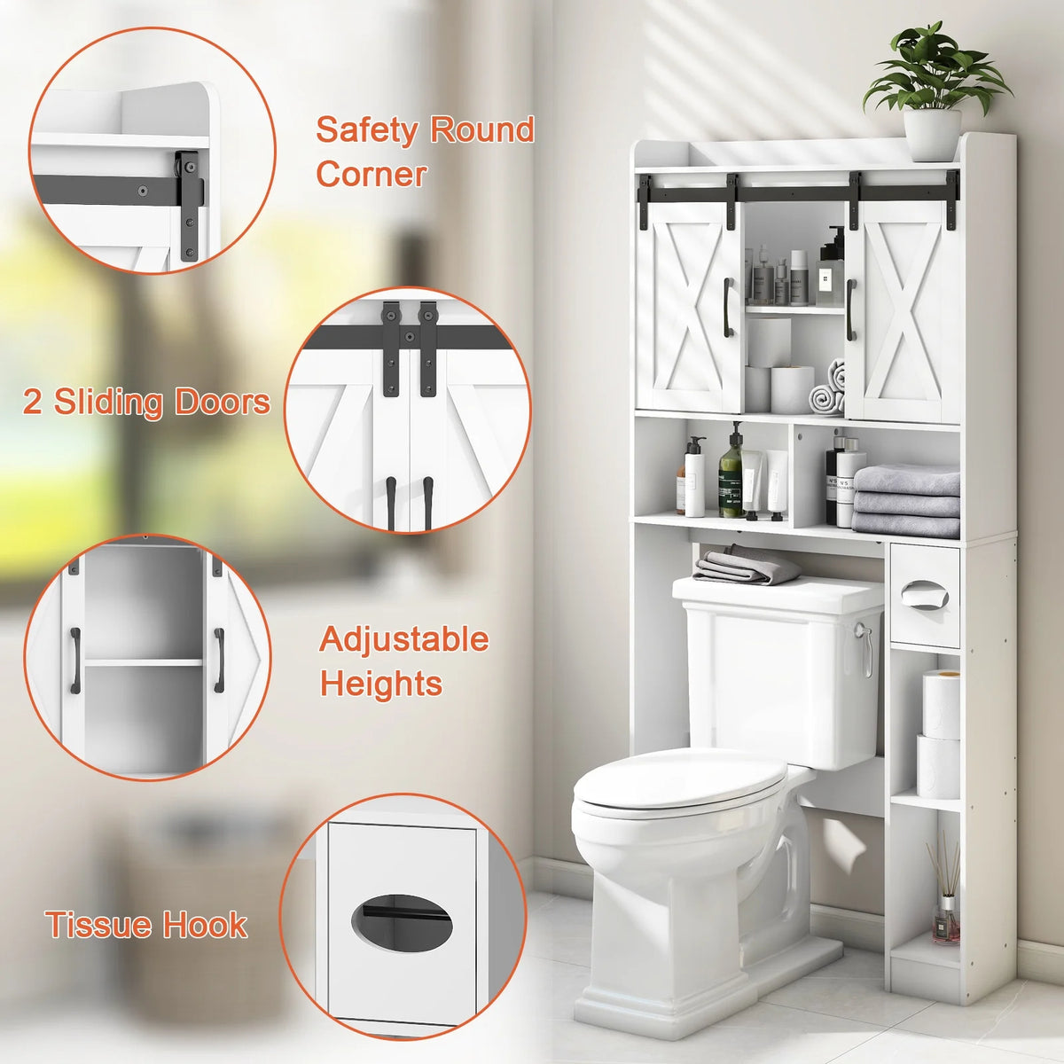 Over The Toilet Storage Cabinet, Farmhouse Storage Cabinet Over Toilet with Sliding Doors Home Space-Saving Toilet Rack, for Bathroom, Restroom, Laundry