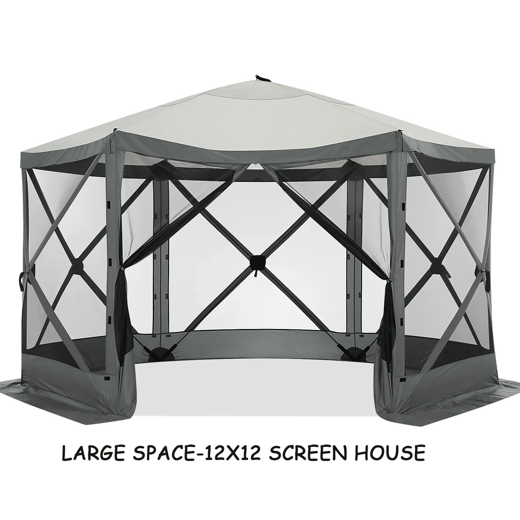 COBIZI 12x12 Pop Up Canopy Gazebo, Outdoor Canopy Tent Screen House with 5 sidewalls and Netting for Camping, Waterproof, UV Resistant, Ez Set-up Party Tent with Carrying Bag and Ground Stakes,Brown